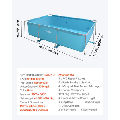 Steel Frame Above Ground Swimming Pool 3 x 2 x 0.762 m Rectangular Blue