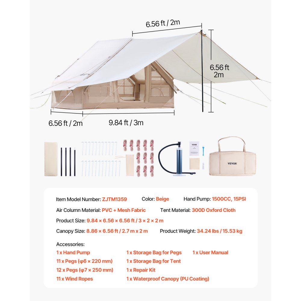 VEVOR Inflatable Tent for Camping 3-5 Person Glamping Tent with Pump Canopy