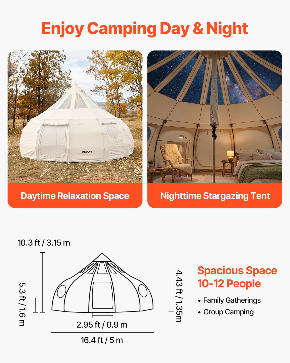 Canvas Bell Tent, 4 Seasons 5 m Yurt Tent for Camping with Stove Jack, Poly-Cotton Canvas, Breathable Holds up to 12 People with Rain Cover, for Family Camping Glamping Outdoor Hunting Party