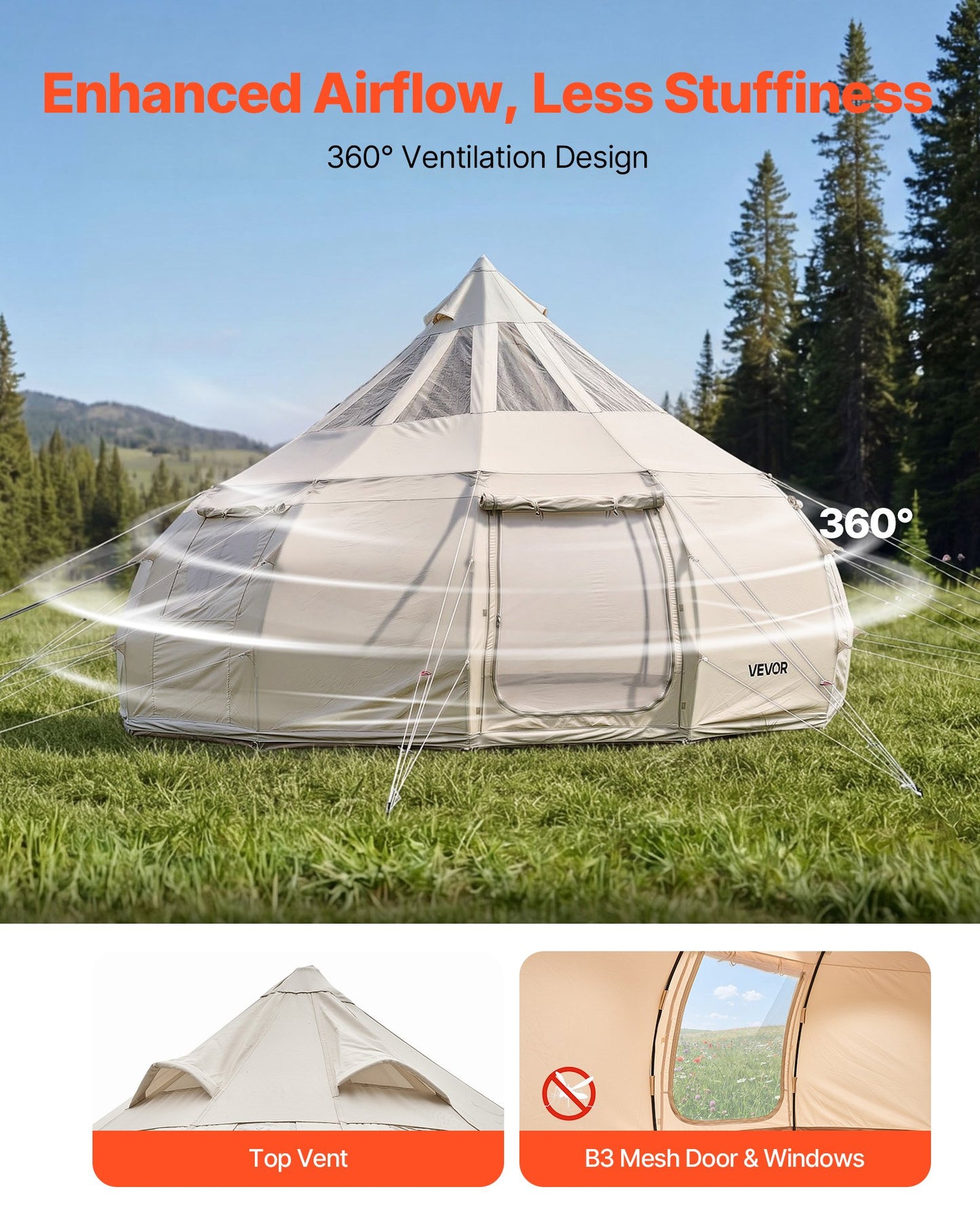 Canvas Bell Tent, 4 Seasons 5 m Yurt Tent for Camping with Stove Jack, Poly-Cotton Canvas, Breathable Holds up to 12 People with Rain Cover, for Family Camping Glamping Outdoor Hunting Party