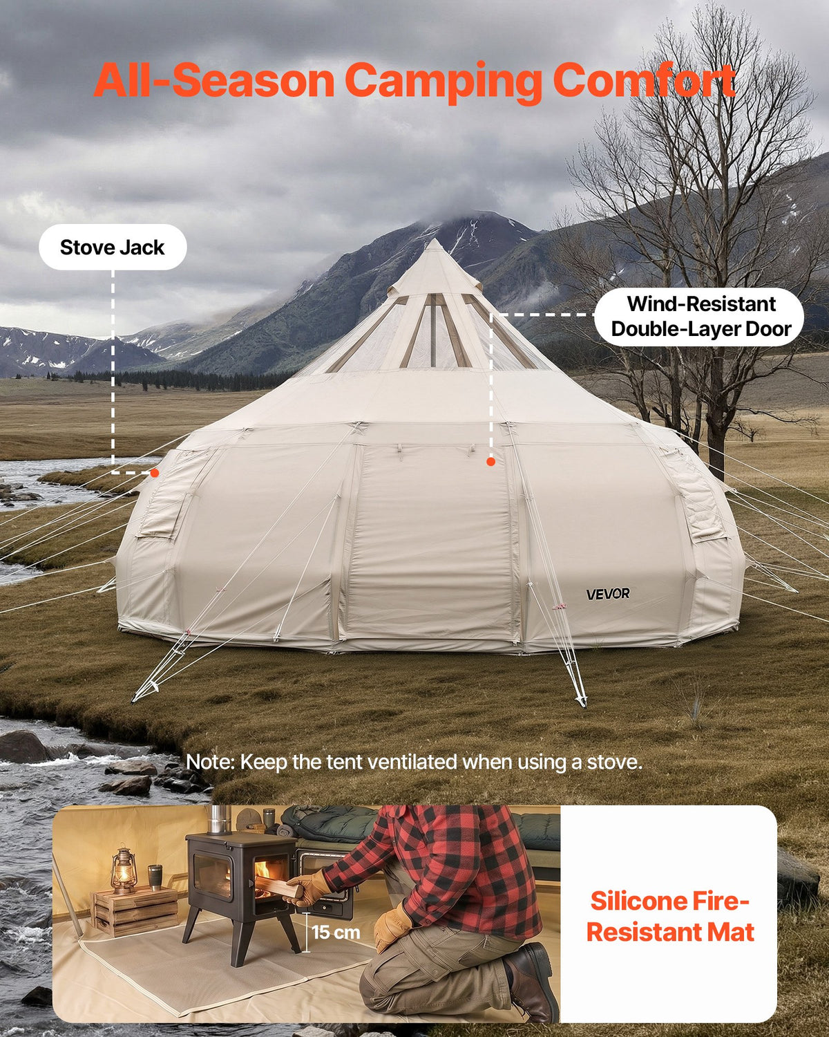 Canvas Bell Tent, 4 Seasons 5 m Yurt Tent for Camping with Stove Jack, Poly-Cotton Canvas, Breathable Holds up to 12 People with Rain Cover, for Family Camping Glamping Outdoor Hunting Party