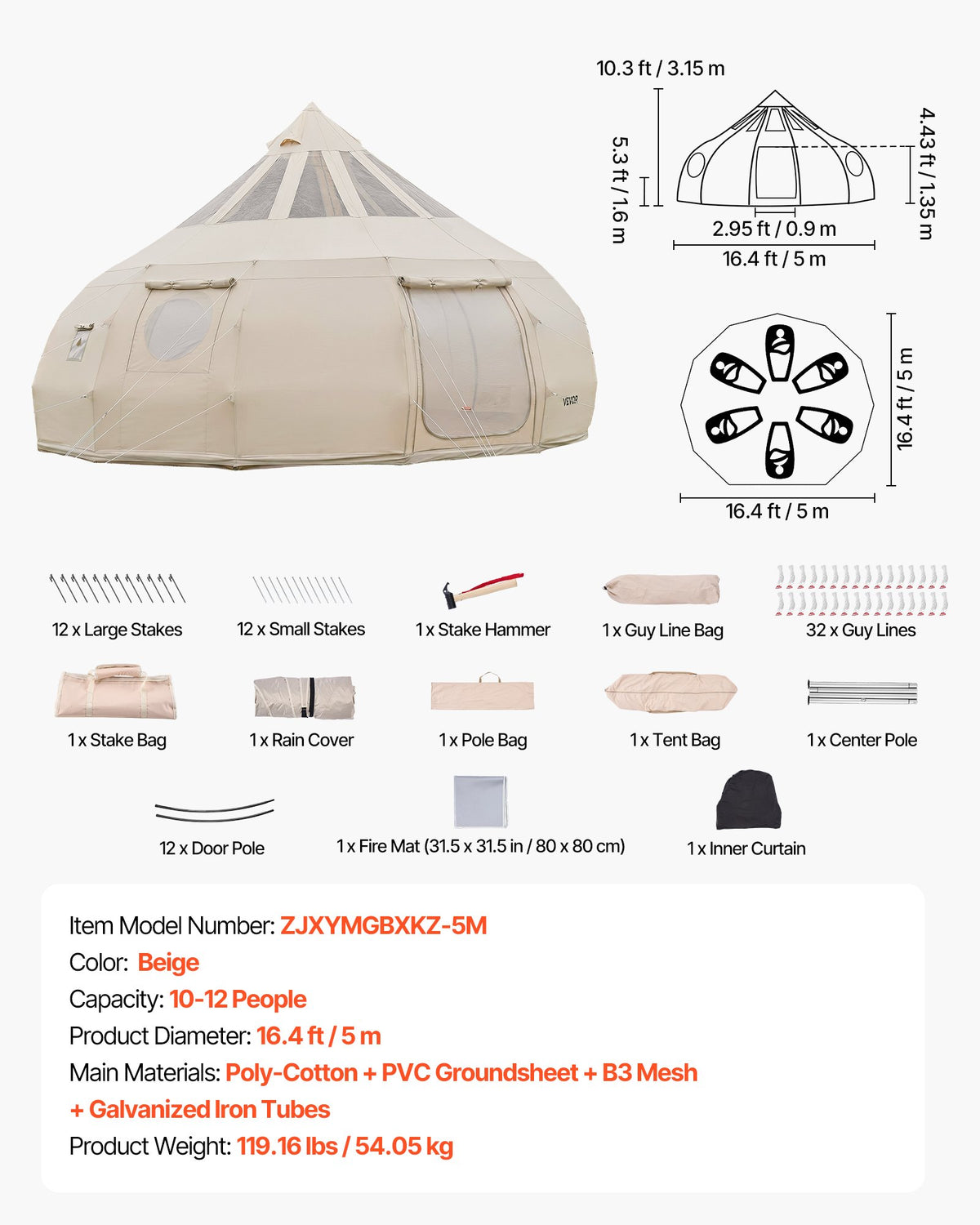 Canvas Bell Tent, 4 Seasons 5 m Yurt Tent for Camping with Stove Jack, Poly-Cotton Canvas, Breathable Holds up to 12 People with Rain Cover, for Family Camping Glamping Outdoor Hunting Party