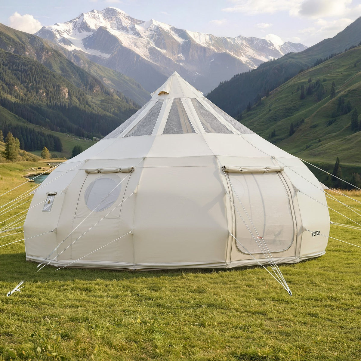 Canvas Bell Tent, 4 Seasons 5 m Yurt Tent for Camping with Stove Jack, Poly-Cotton Canvas, Breathable Holds up to 12 People with Rain Cover, for Family Camping Glamping Outdoor Hunting Party