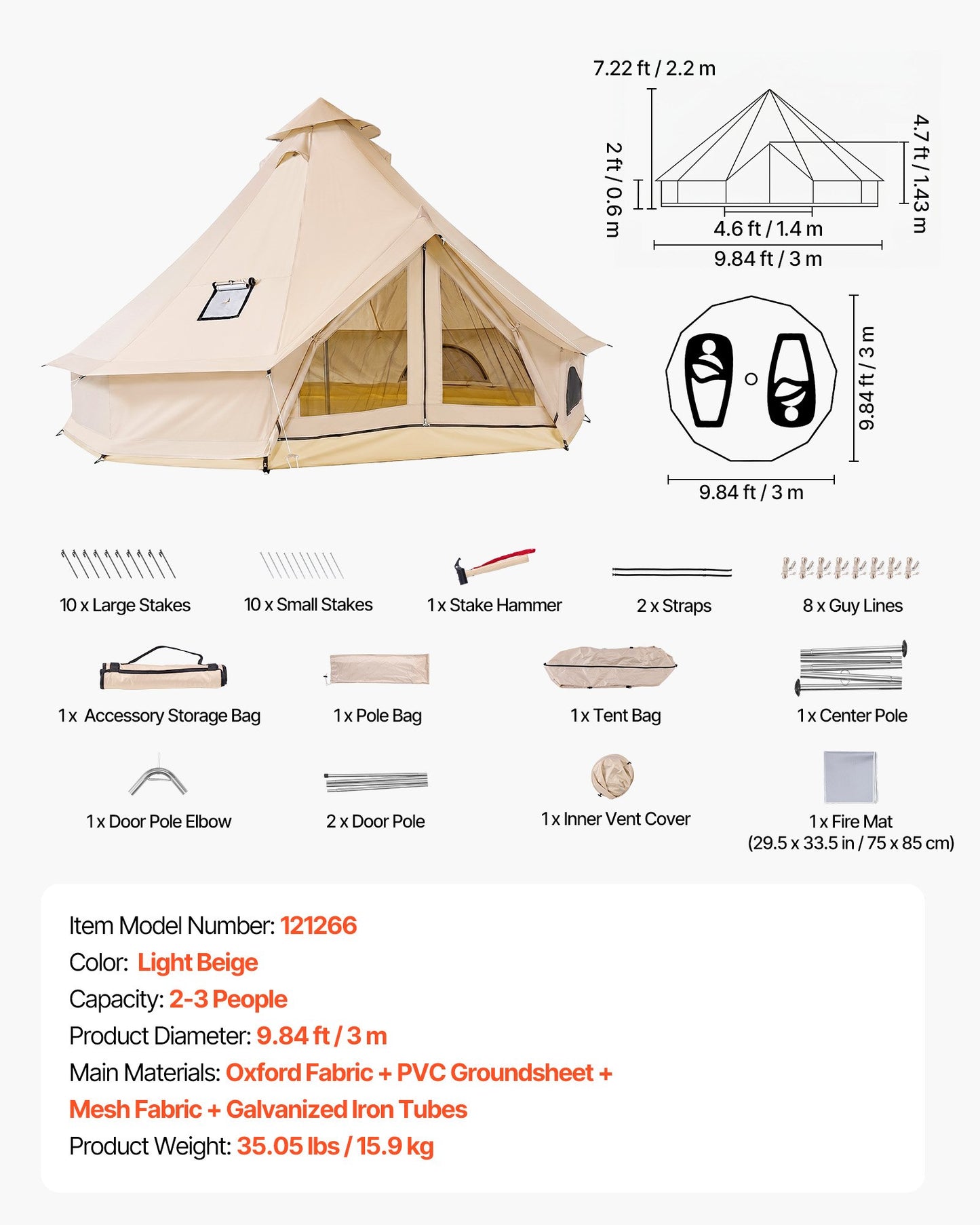 Oxford Bell Tent, 4 Seasons 3 m Yurt Tent for Camping with Stove Jack, Waterproof Breathable Holds up to 3 People with Zipped Detachable Floor, Family Camping Glamping Outdoor Hunting Party