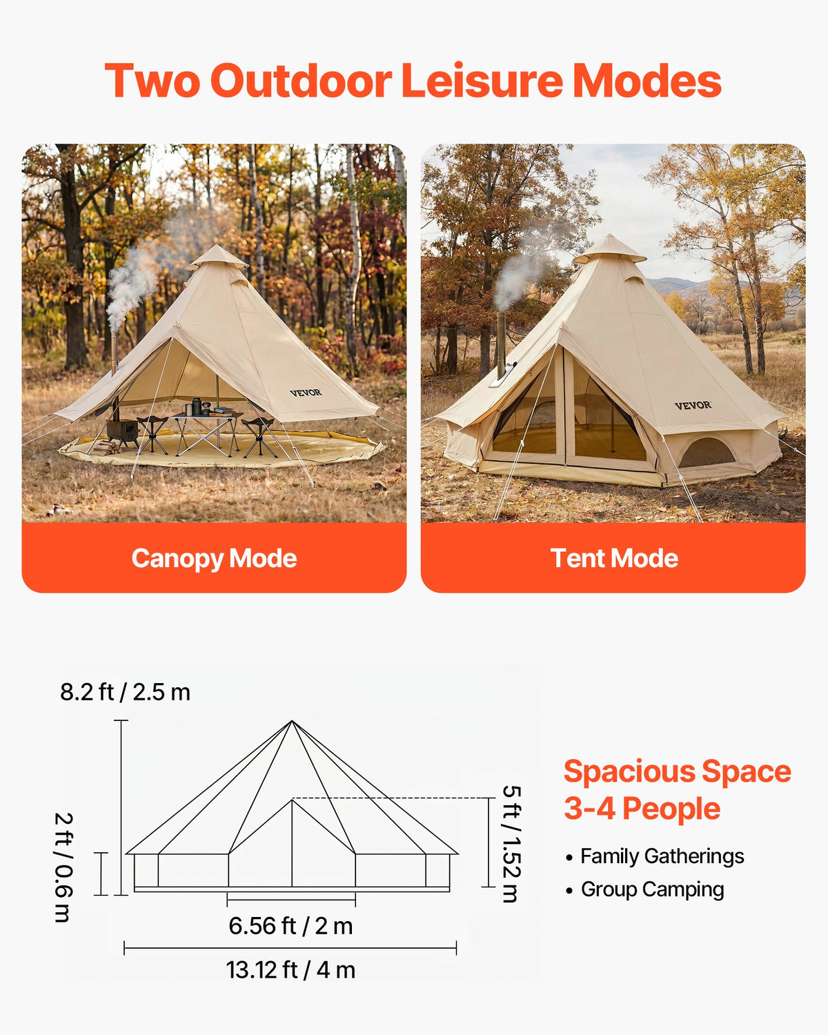 Oxford Bell Tent, 4 Seasons 4 m Yurt Tent for Camping with Stove Jack, Waterproof Breathable Holds up to 4 People with Zipped Detachable Floor, Family Camping Glamping Outdoor Hunting Party