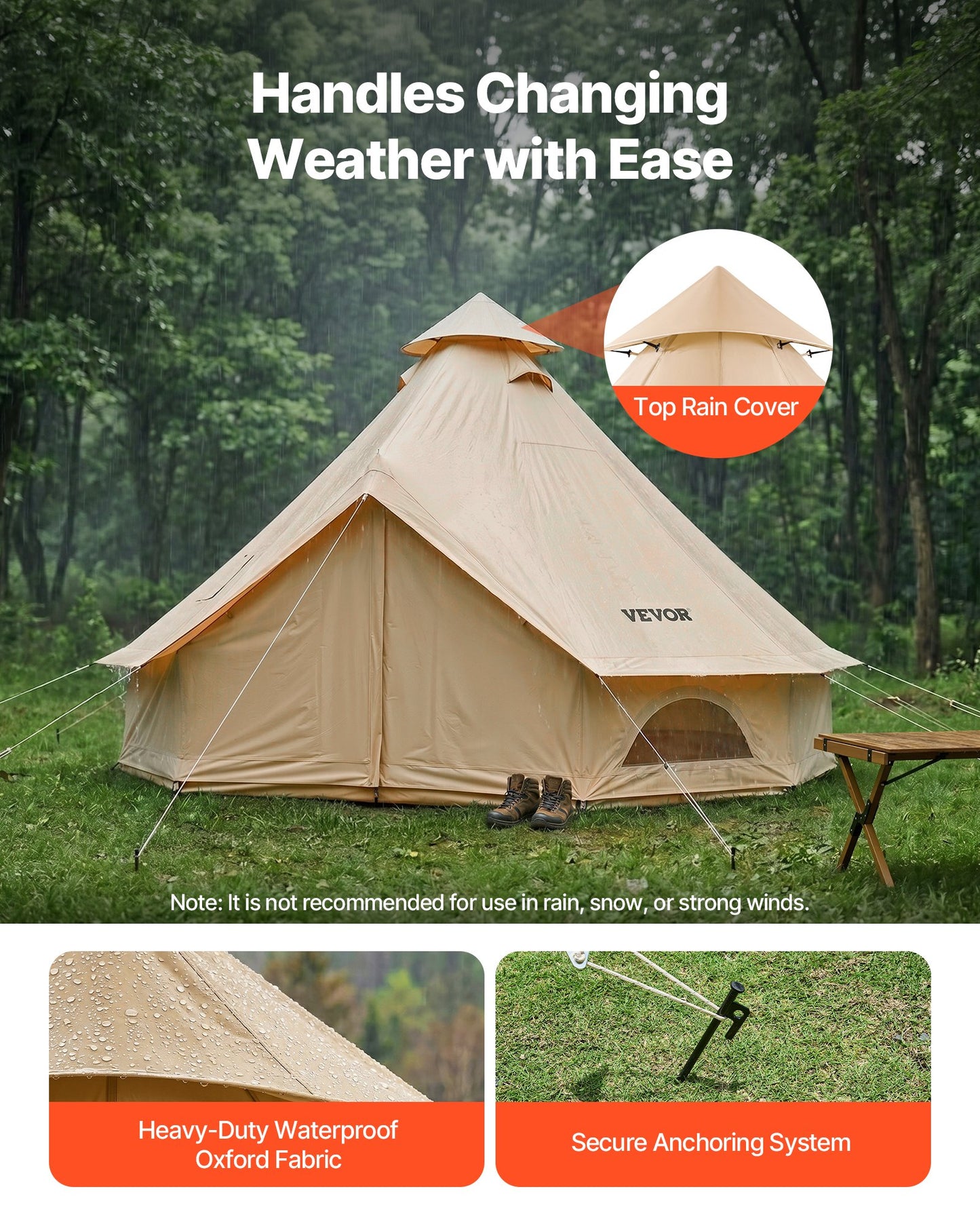 Oxford Bell Tent, 4 Seasons 4 m Yurt Tent for Camping with Stove Jack, Waterproof Breathable Holds up to 4 People with Zipped Detachable Floor, Family Camping Glamping Outdoor Hunting Party