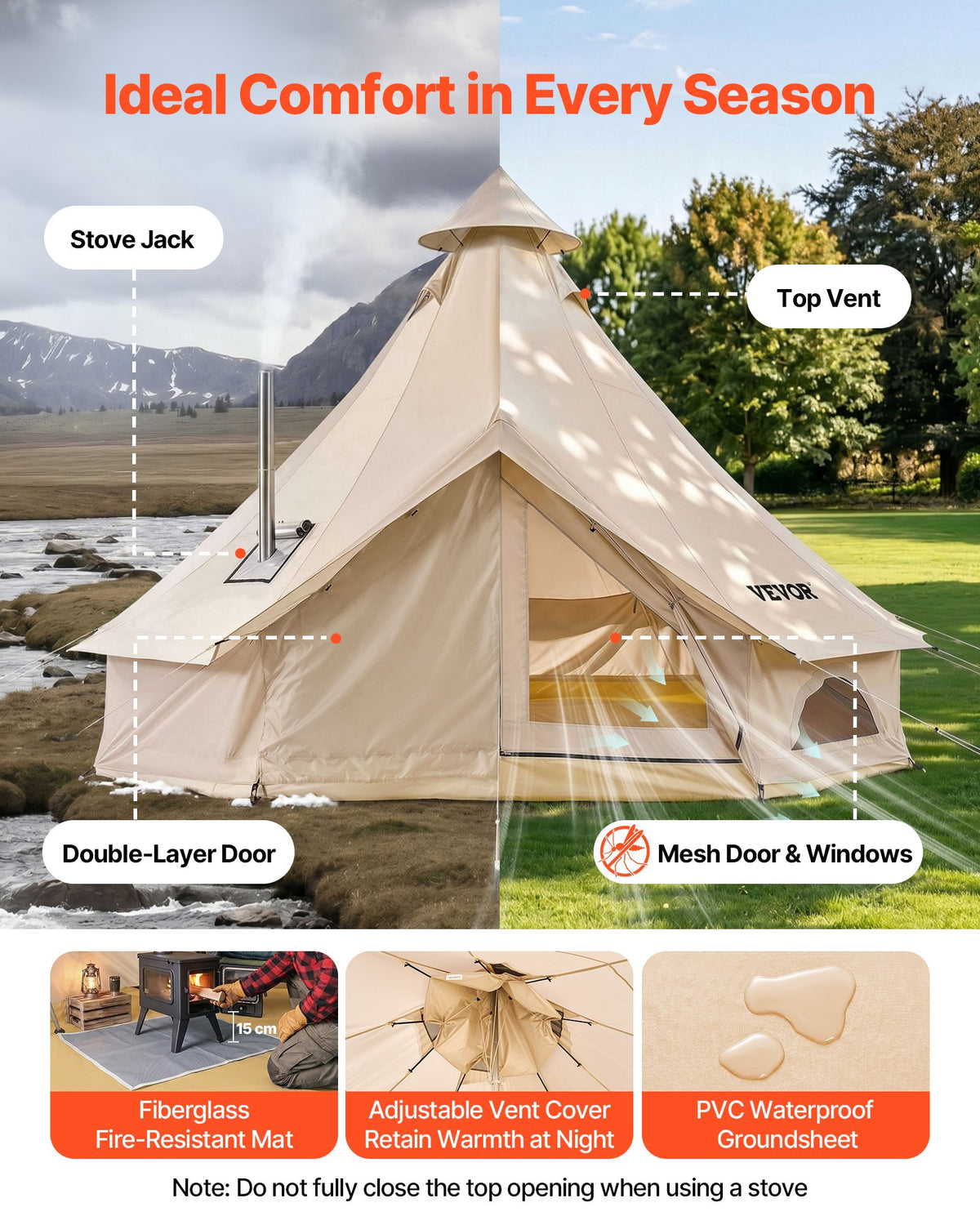 Oxford Bell Tent, 4 Seasons 4 m Yurt Tent for Camping with Stove Jack, Waterproof Breathable Holds up to 4 People with Zipped Detachable Floor, Family Camping Glamping Outdoor Hunting Party