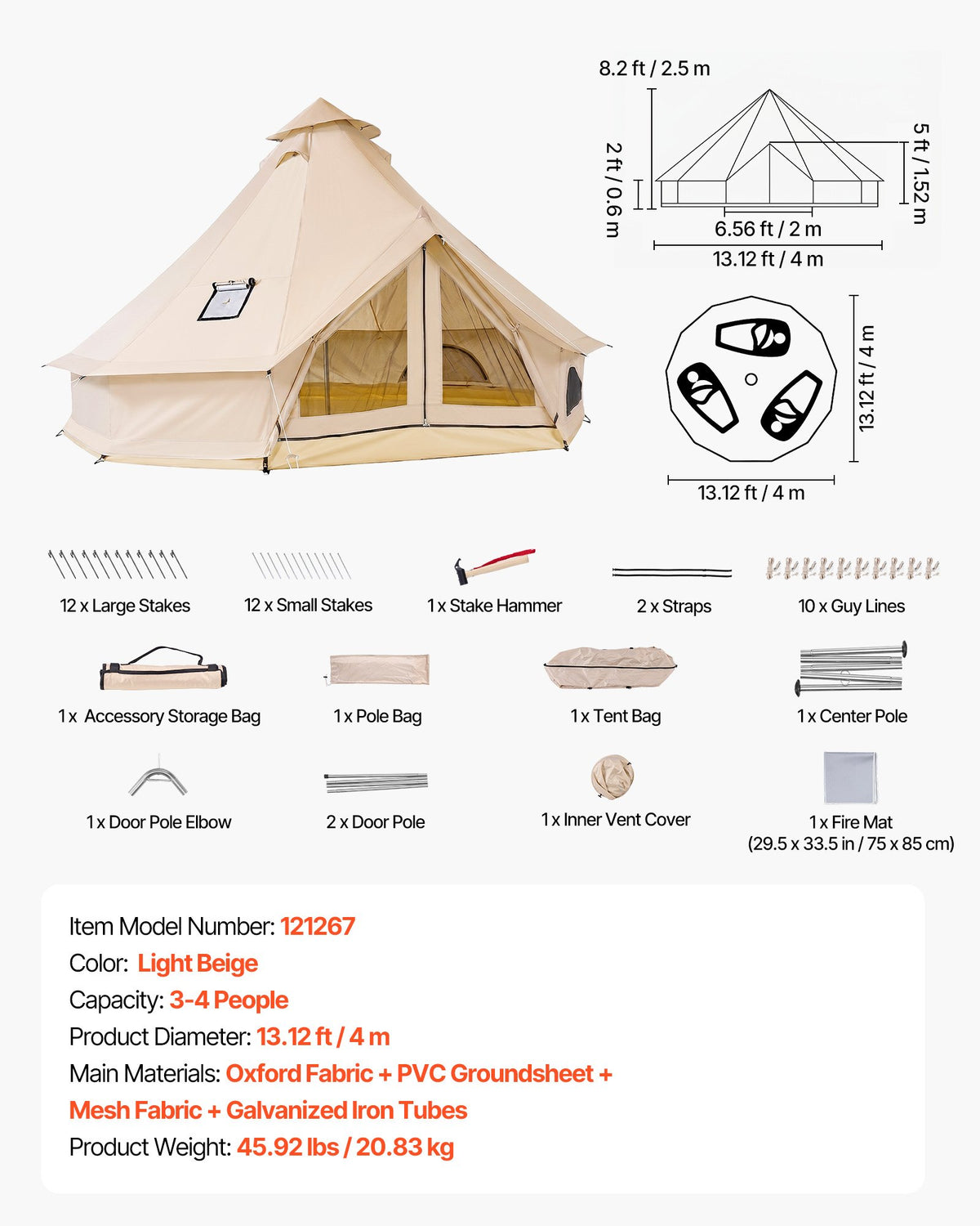 Oxford Bell Tent, 4 Seasons 4 m Yurt Tent for Camping with Stove Jack, Waterproof Breathable Holds up to 4 People with Zipped Detachable Floor, Family Camping Glamping Outdoor Hunting Party