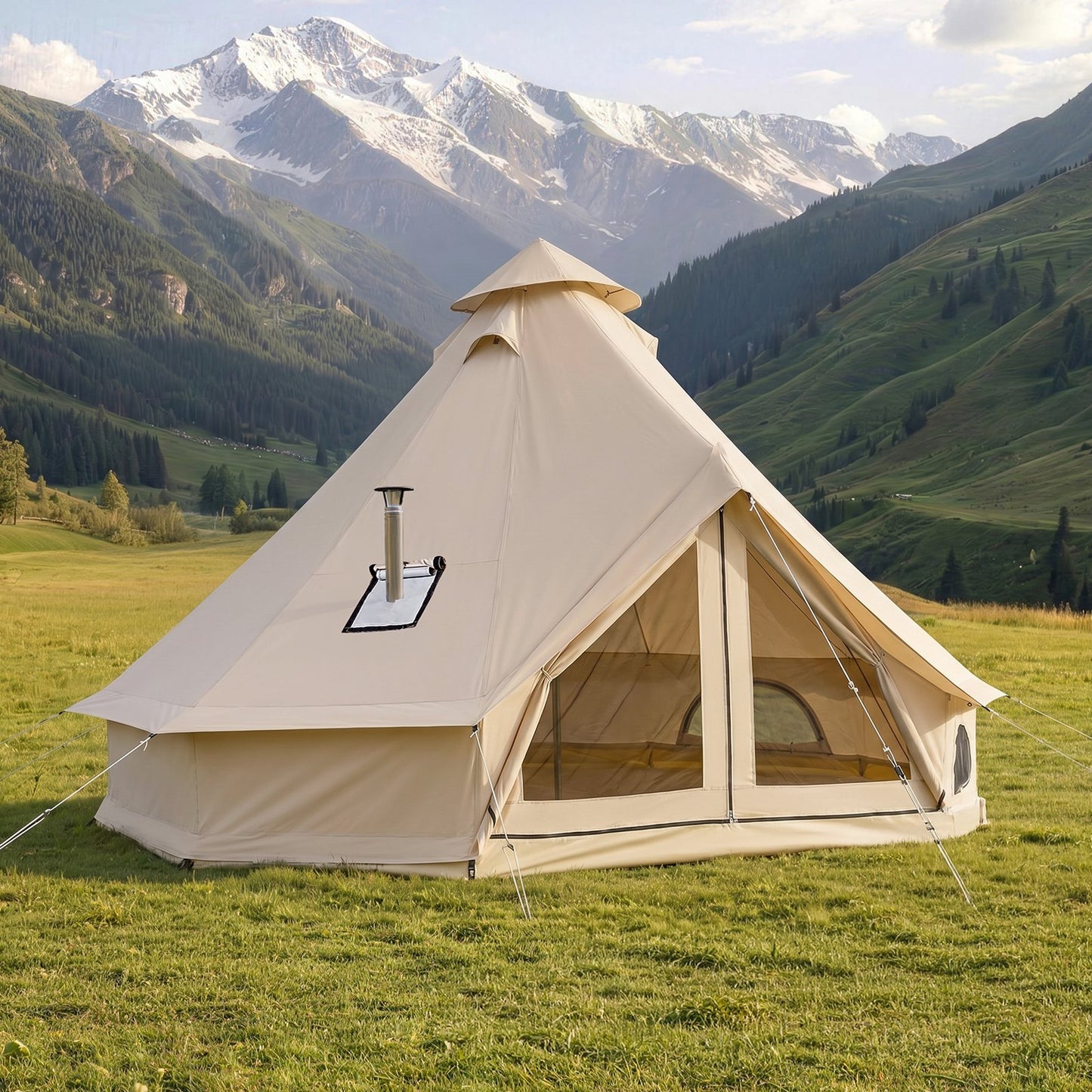 Oxford Bell Tent, 4 Seasons 4 m Yurt Tent for Camping with Stove Jack, Waterproof Breathable Holds up to 4 People with Zipped Detachable Floor, Family Camping Glamping Outdoor Hunting Party