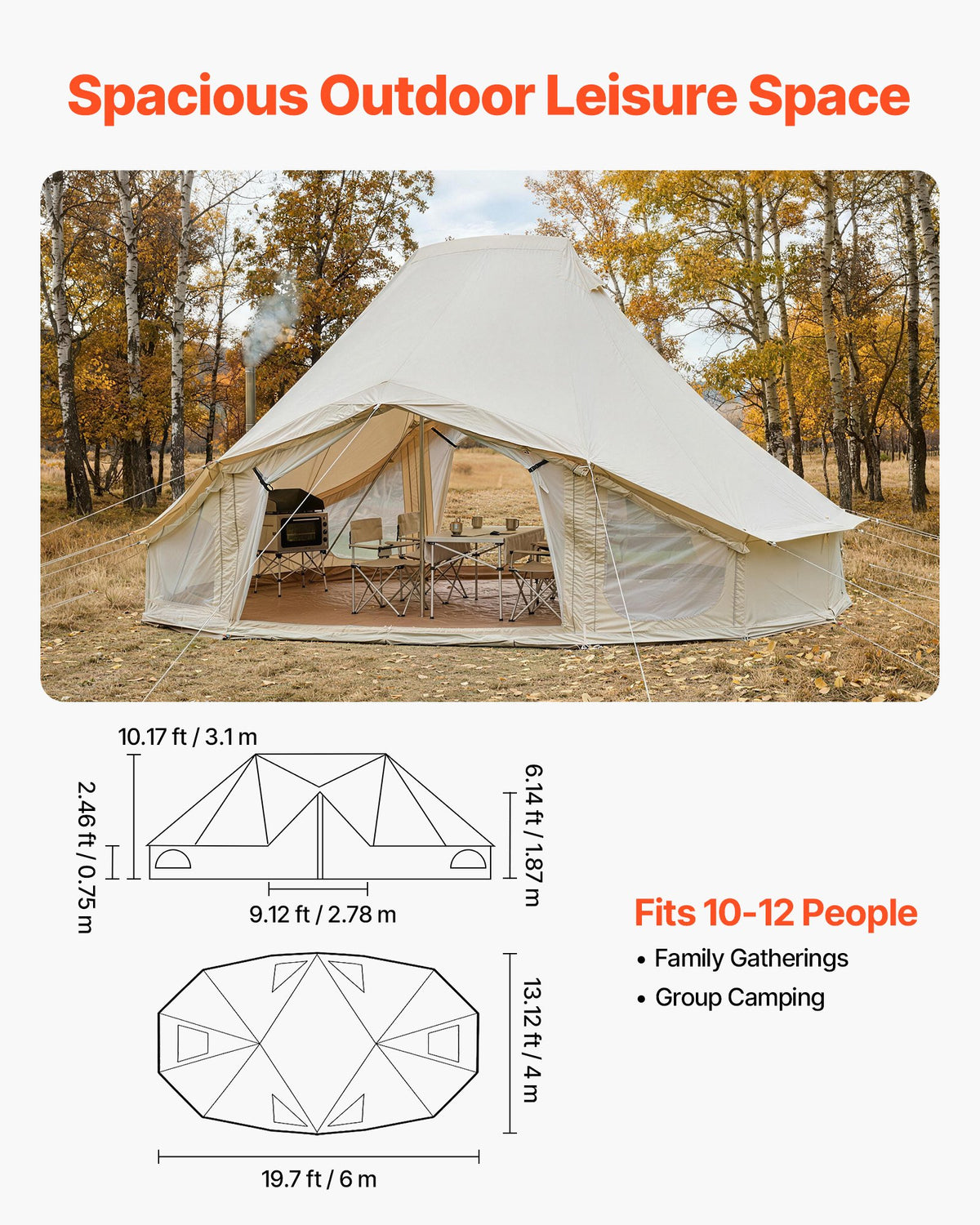 Canvas Bell Tent, 4 Seasons 6 x 4 x 3.1 m Yurt Tent for Camping with Stove Jack, Poly-Cotton Breathable Holds up to 12 People with Rain Cover, for Family Camping Glamping Outdoor Hunting Party