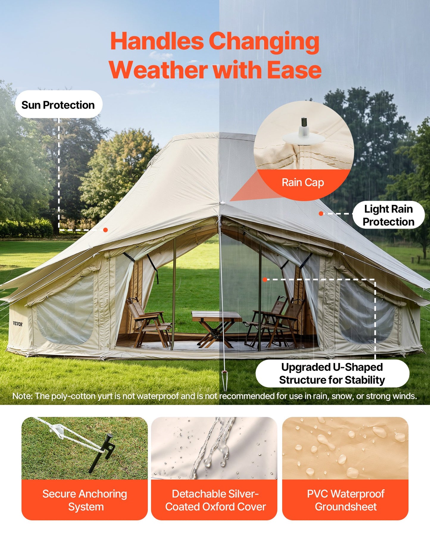 Canvas Bell Tent, 4 Seasons 6 x 4 x 3.1 m Yurt Tent for Camping with Stove Jack, Poly-Cotton Breathable Holds up to 12 People with Rain Cover, for Family Camping Glamping Outdoor Hunting Party