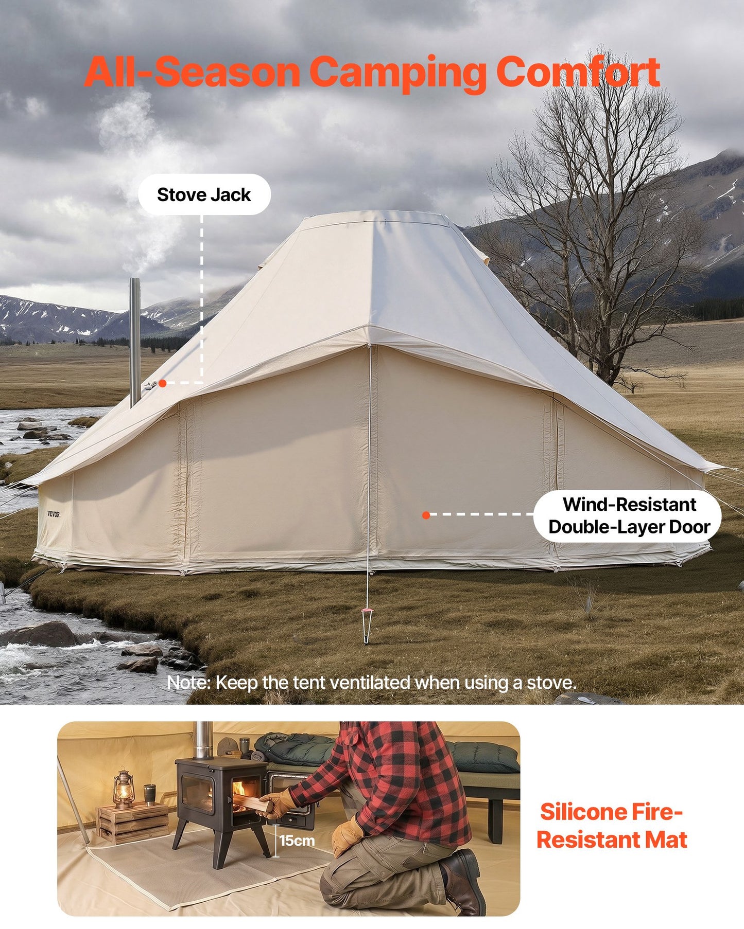 Canvas Bell Tent, 4 Seasons 6 x 4 x 3.1 m Yurt Tent for Camping with Stove Jack, Poly-Cotton Breathable Holds up to 12 People with Rain Cover, for Family Camping Glamping Outdoor Hunting Party