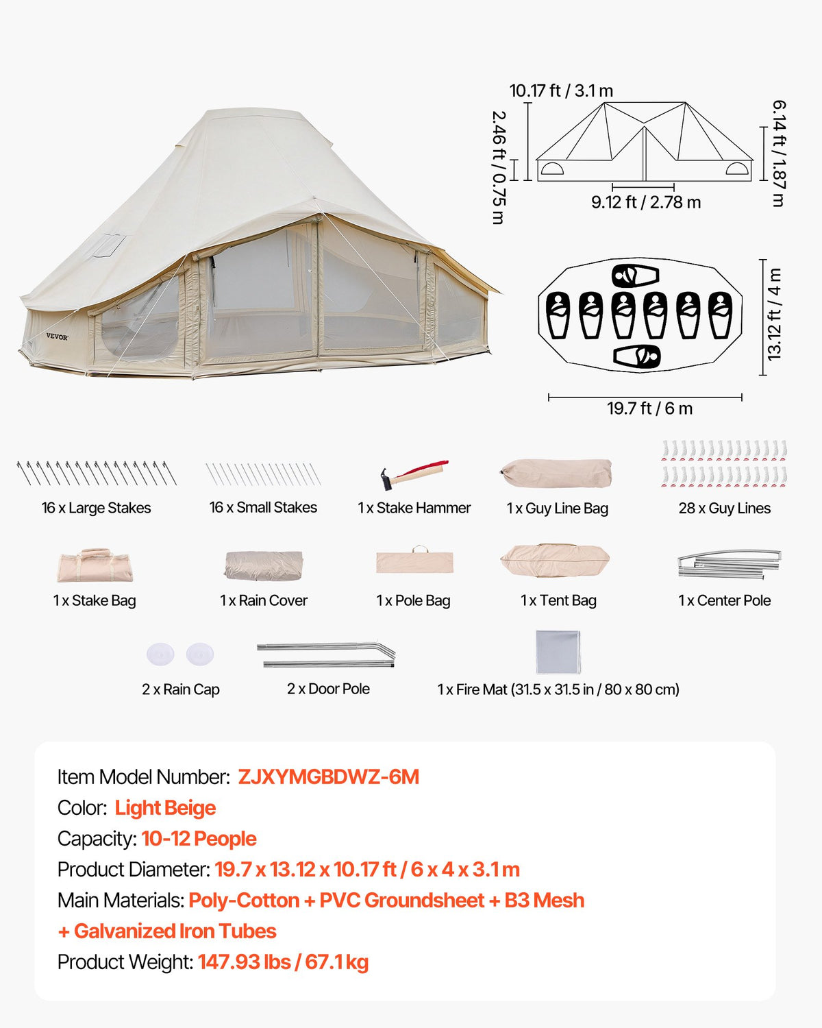 Canvas Bell Tent, 4 Seasons 6 x 4 x 3.1 m Yurt Tent for Camping with Stove Jack, Poly-Cotton Breathable Holds up to 12 People with Rain Cover, for Family Camping Glamping Outdoor Hunting Party