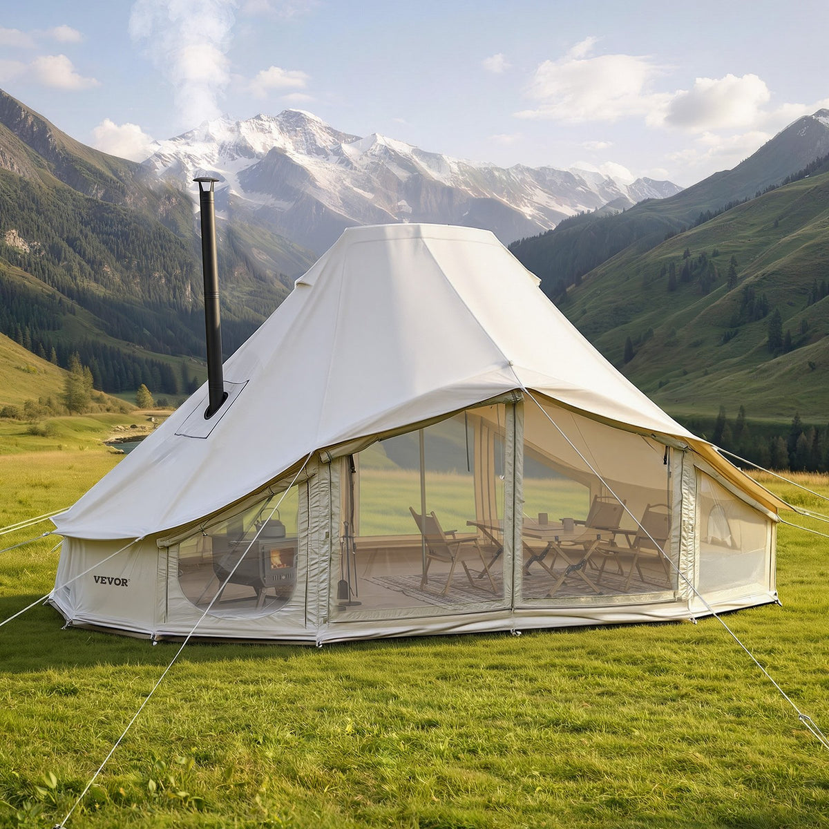 Canvas Bell Tent, 4 Seasons 6 x 4 x 3.1 m Yurt Tent for Camping with Stove Jack, Poly-Cotton Breathable Holds up to 12 People with Rain Cover, for Family Camping Glamping Outdoor Hunting Party