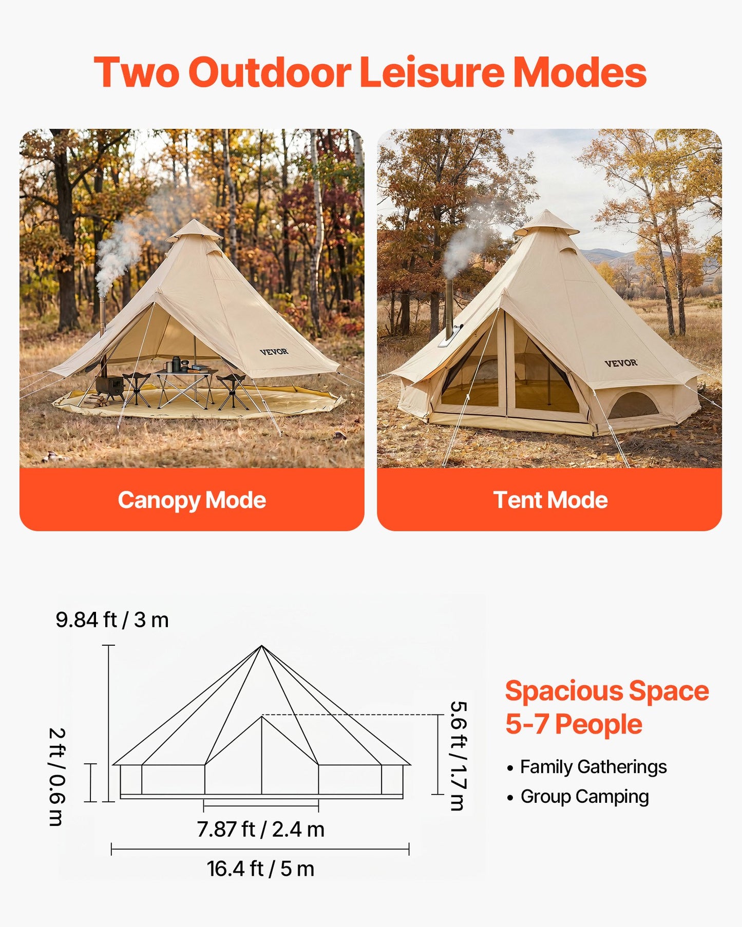 Oxford Bell Tent, 4 Seasons 5 m Yurt Tent for Camping with Stove Jack, Waterproof Breathable Holds up to 7 People with Zipped Detachable Floor, Family Camping Glamping Outdoor Hunting Party