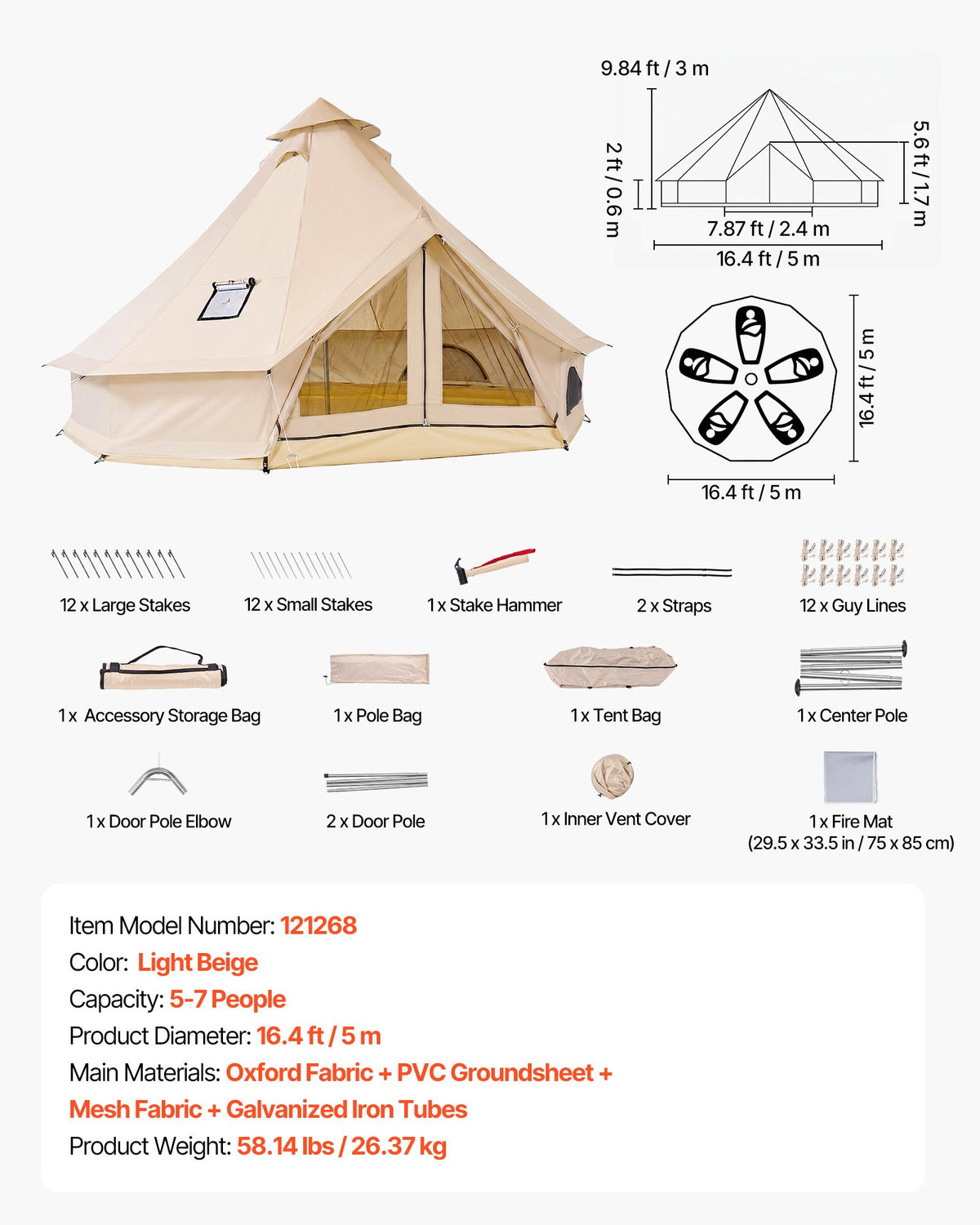 Oxford Bell Tent, 4 Seasons 5 m Yurt Tent for Camping with Stove Jack, Waterproof Breathable Holds up to 7 People with Zipped Detachable Floor, Family Camping Glamping Outdoor Hunting Party