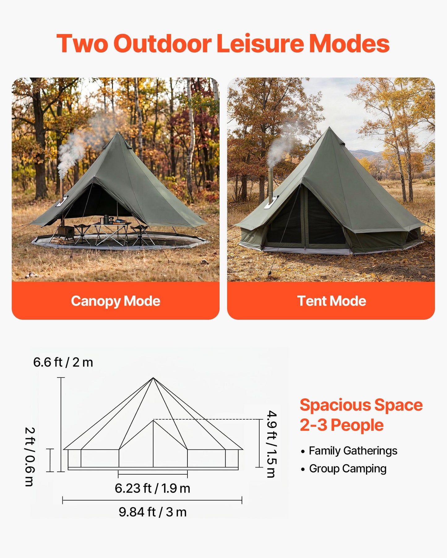 Canvas Bell Tent, 4 Seasons 3 m Yurt Tent for Camping with Stove Jack, Canvas Breathable Holds up to 3 People with Zipped Detachable Floor, for Family Camping Glamping Outdoor Hunting Party