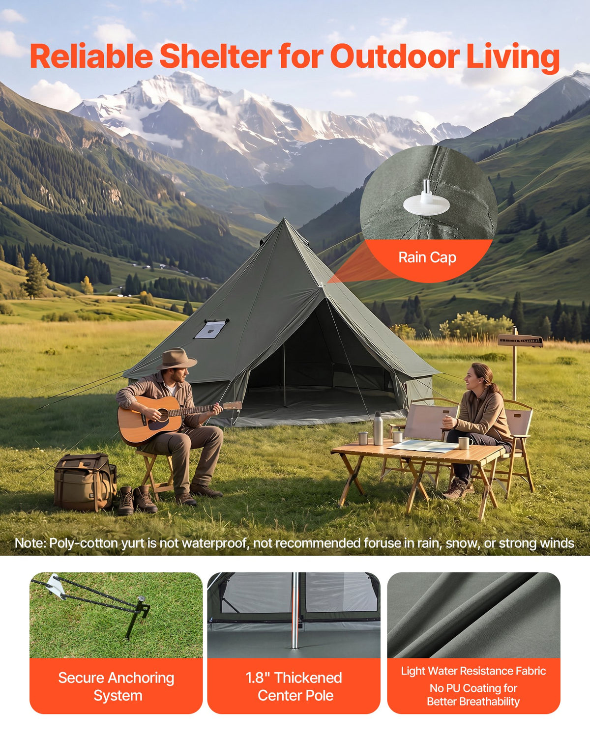 Canvas Bell Tent, 4 Seasons 3 m Yurt Tent for Camping with Stove Jack, Canvas Breathable Holds up to 3 People with Zipped Detachable Floor, for Family Camping Glamping Outdoor Hunting Party