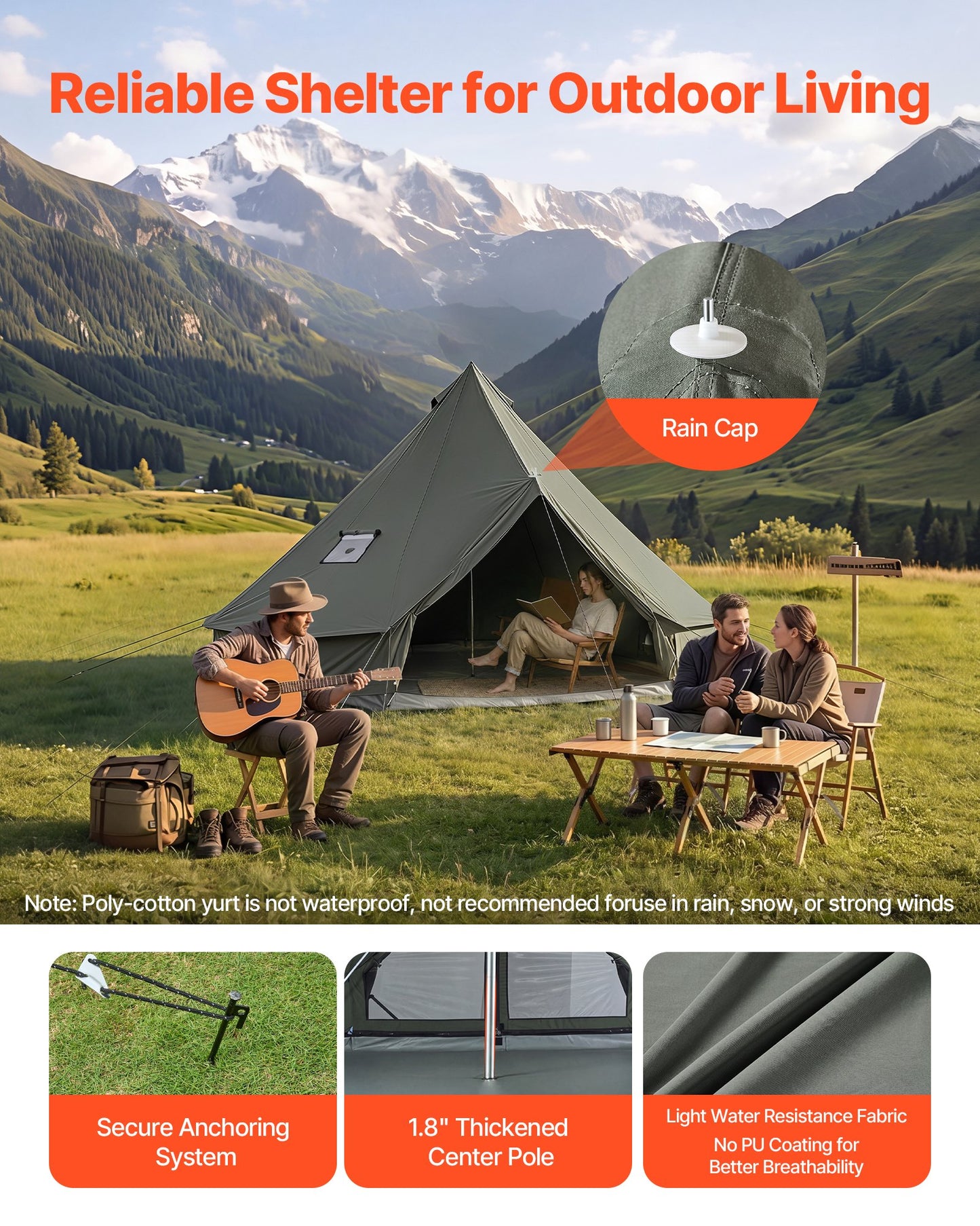 Canvas Bell Tent, 4 Seasons 4 m Yurt Tent for Camping with Stove Jack, Canvas Breathable Holds up to 4 People with Zipped Detachable Floor, for Family Camping Glamping Outdoor Hunting Party