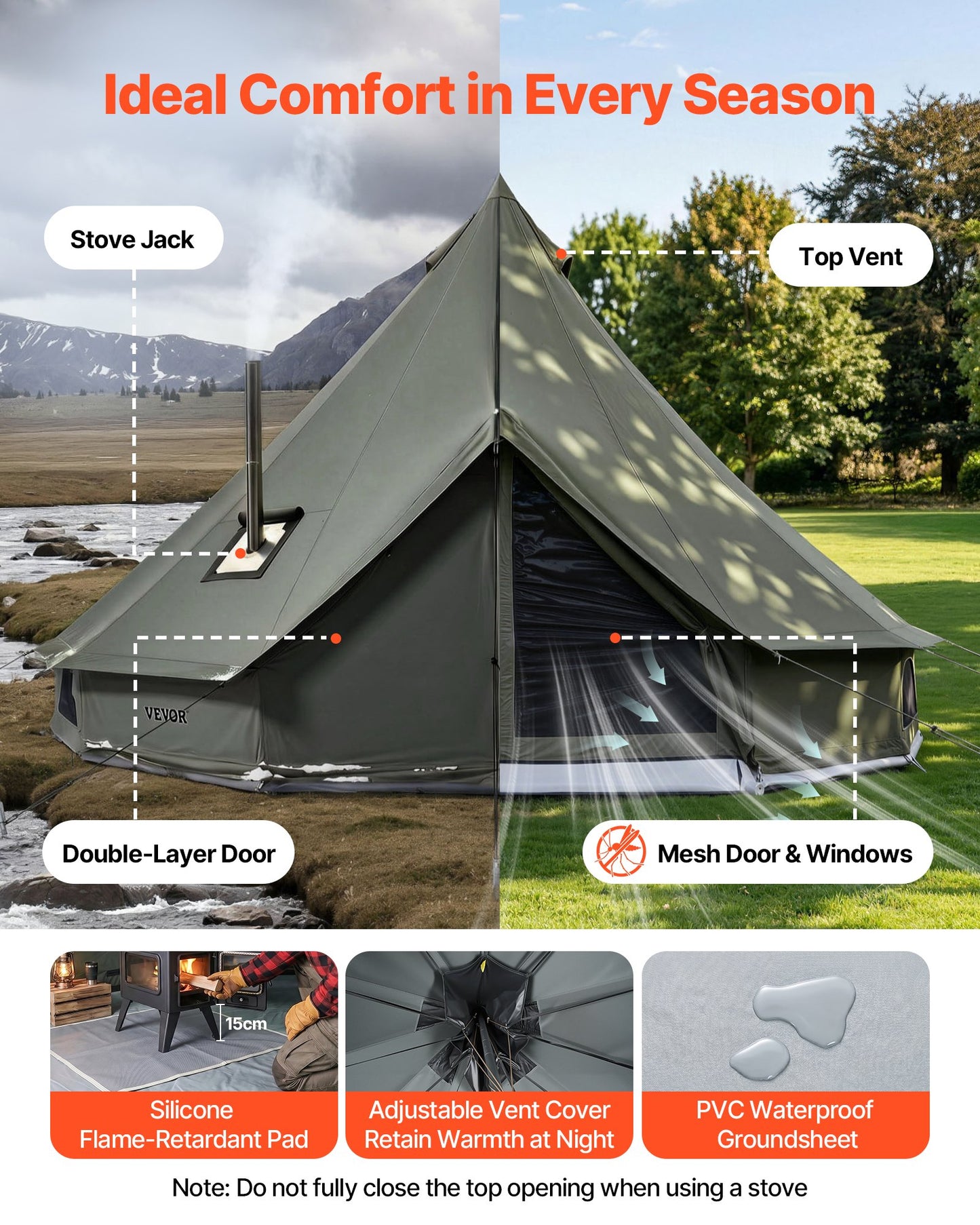 Canvas Bell Tent, 4 Seasons 4 m Yurt Tent for Camping with Stove Jack, Canvas Breathable Holds up to 4 People with Zipped Detachable Floor, for Family Camping Glamping Outdoor Hunting Party