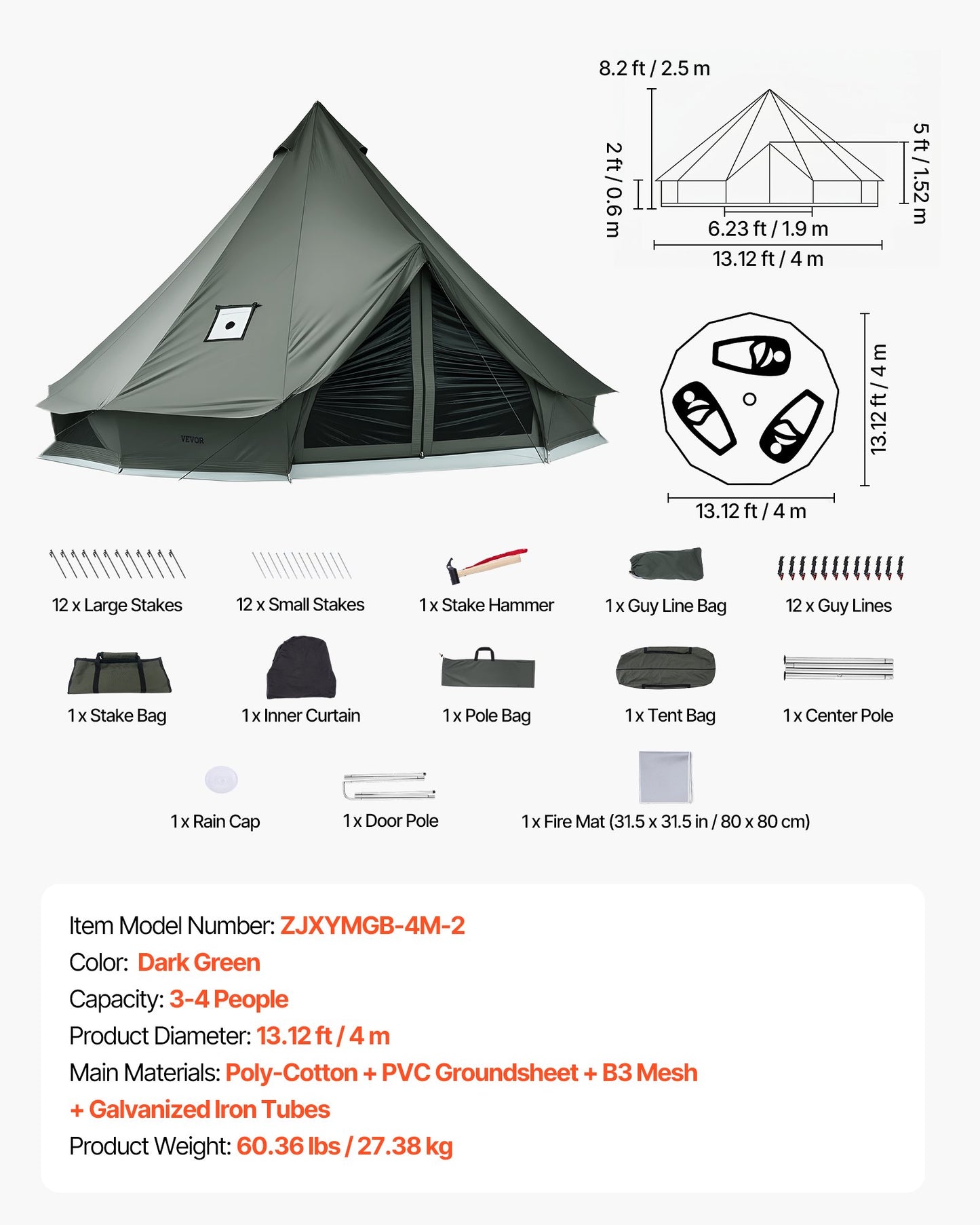 Canvas Bell Tent, 4 Seasons 4 m Yurt Tent for Camping with Stove Jack, Canvas Breathable Holds up to 4 People with Zipped Detachable Floor, for Family Camping Glamping Outdoor Hunting Party