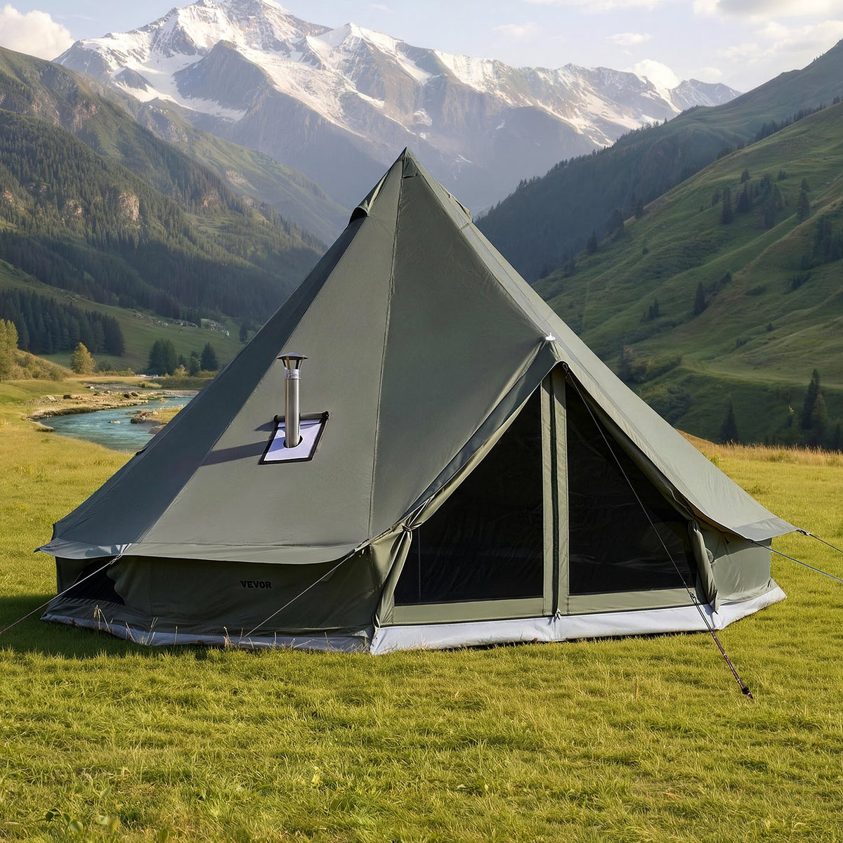 Canvas Bell Tent, 4 Seasons 4 m Yurt Tent for Camping with Stove Jack, Canvas Breathable Holds up to 4 People with Zipped Detachable Floor, for Family Camping Glamping Outdoor Hunting Party