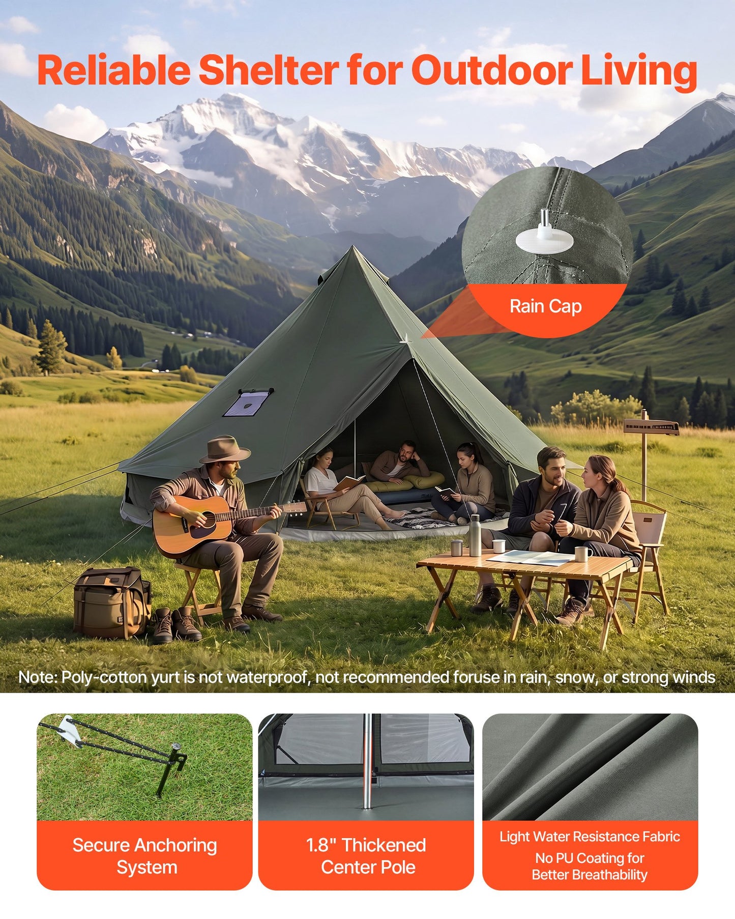 Canvas Bell Tent, 4 Seasons 5 m Yurt Tent for Camping with Stove Jack, Canvas Breathable Holds up to 7 People with Zipped Detachable Floor, for Family Camping Glamping Outdoor Hunting Party