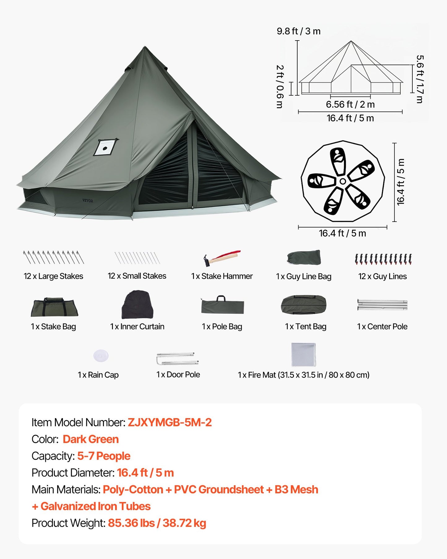 Canvas Bell Tent, 4 Seasons 5 m Yurt Tent for Camping with Stove Jack, Canvas Breathable Holds up to 7 People with Zipped Detachable Floor, for Family Camping Glamping Outdoor Hunting Party