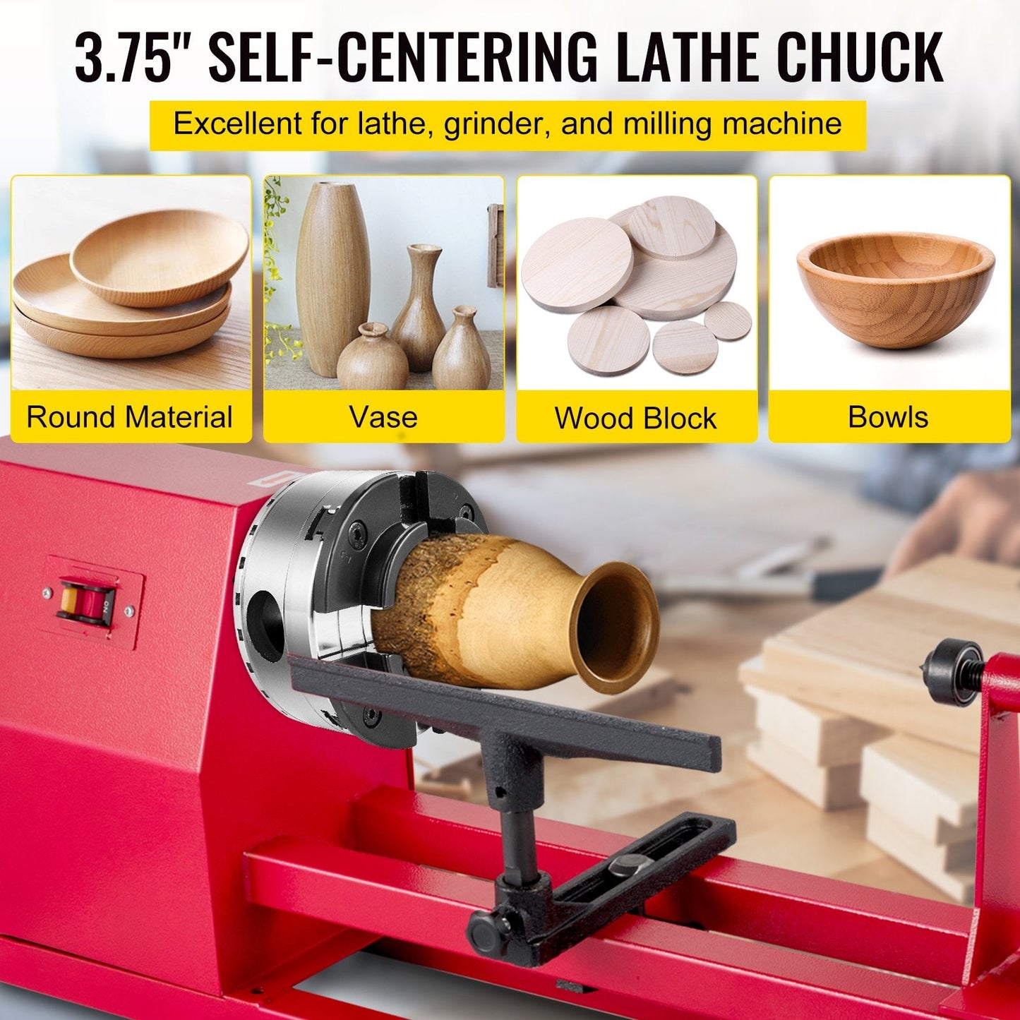 Precision Wood Lathe Chuck Kit, 95mm Diameter, 6.5kg, Universal Adaptor Included