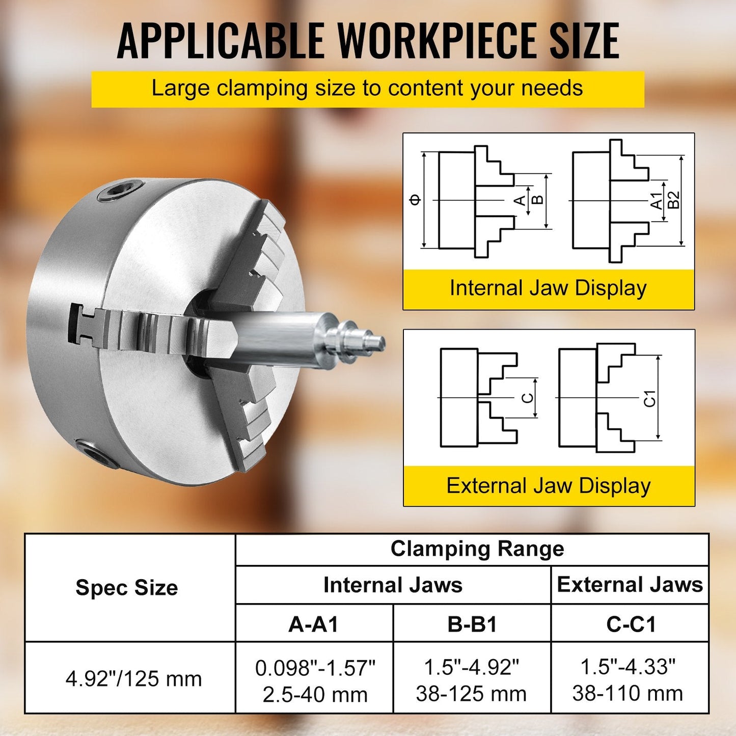 5" Self-Centering Lathe Chuck with 3/4 Jaws, Cast Iron, High Precision