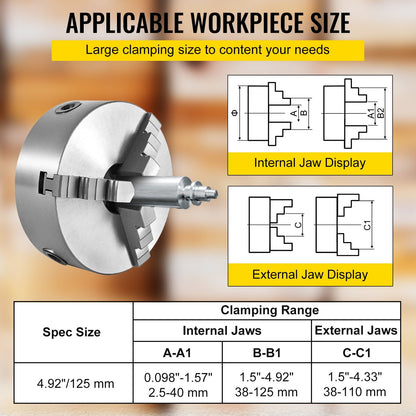 5" Self-Centering Lathe Chuck with 3/4 Jaws, Cast Iron, High Precision