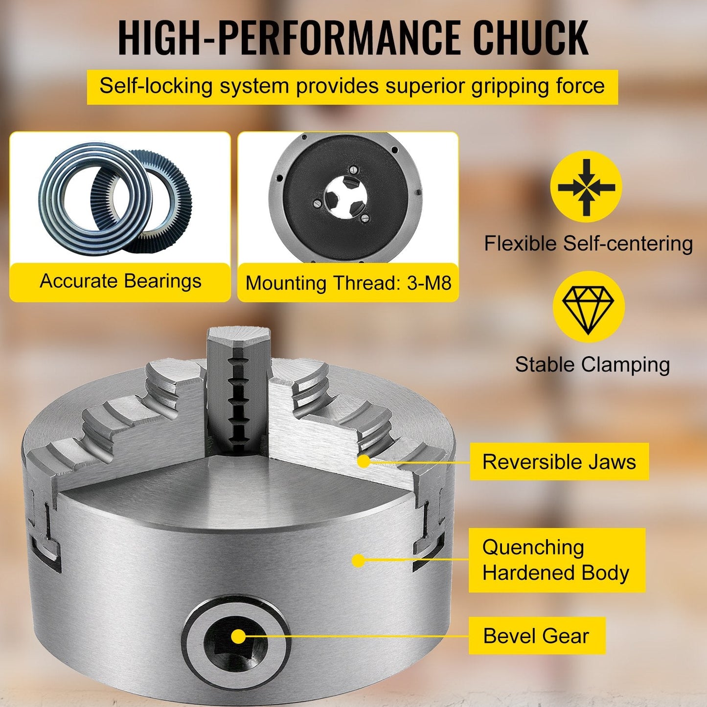 5" Self-Centering Lathe Chuck with 3/4 Jaws, Cast Iron, High Precision