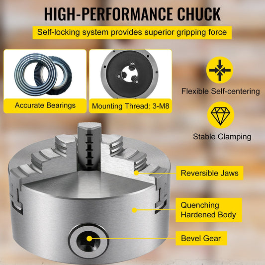 5" Self-Centering Lathe Chuck with 3/4 Jaws, Cast Iron, High Precision