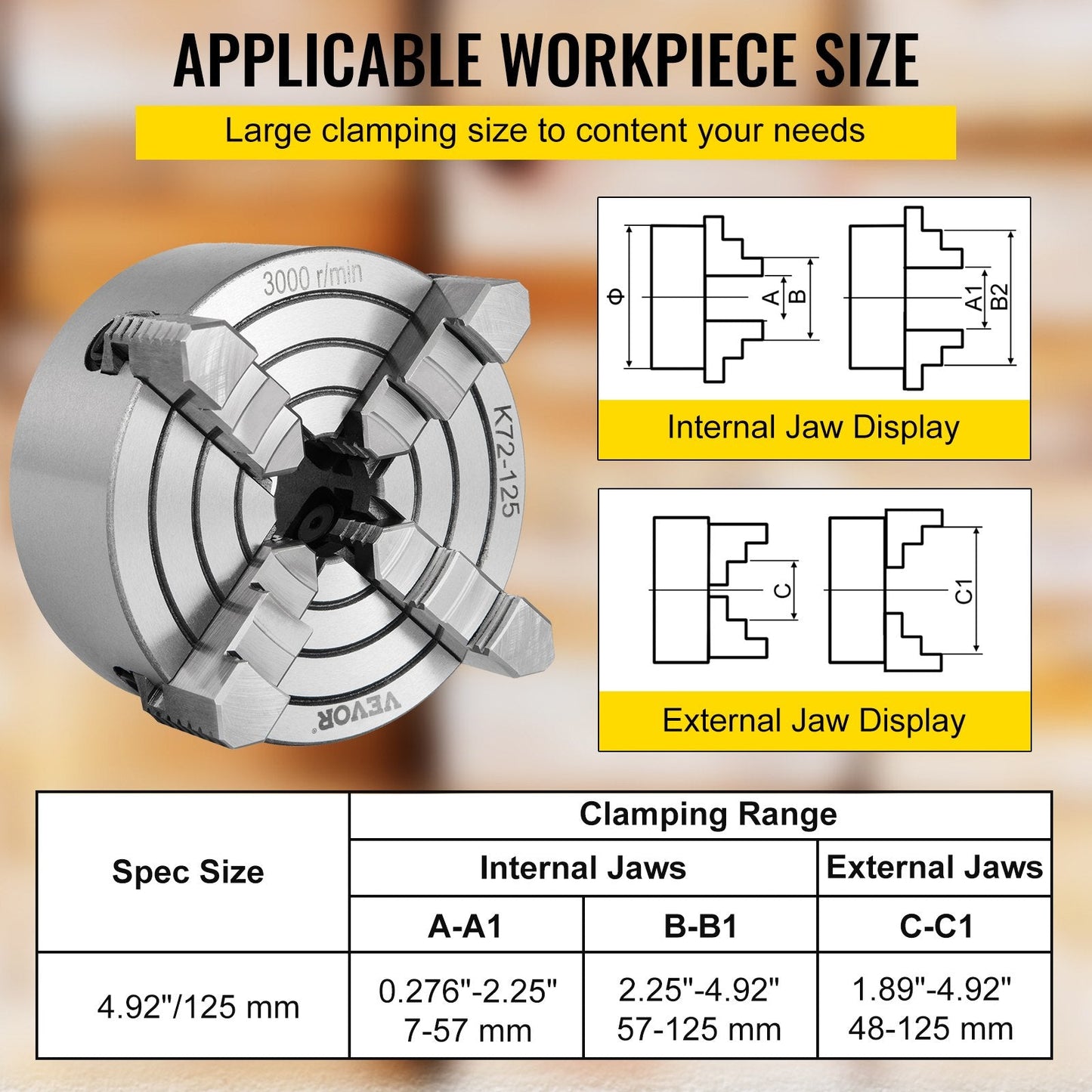 4-Jaw Independent Lathe Chuck, 125mm Cast Iron for CNC Milling & Turning