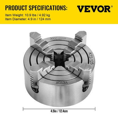 4-Jaw Independent Lathe Chuck, 125mm Cast Iron for CNC Milling & Turning
