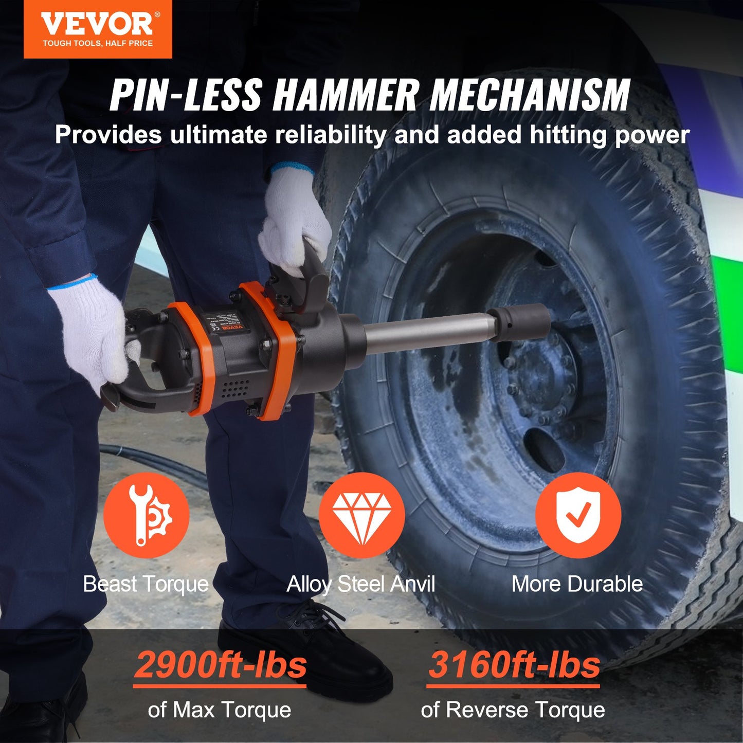 VEVOR 1 Inch Air Impact Wrench, Up to 3160 ft-lbs High Reverse Torque Output 1"