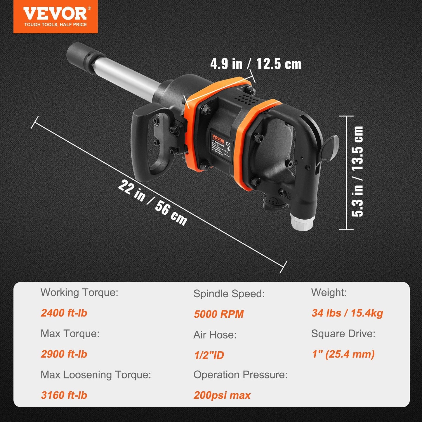 Heavy Duty 0.025m Air Impact Wrench with 4285 Nm Torque & Extended Anvil