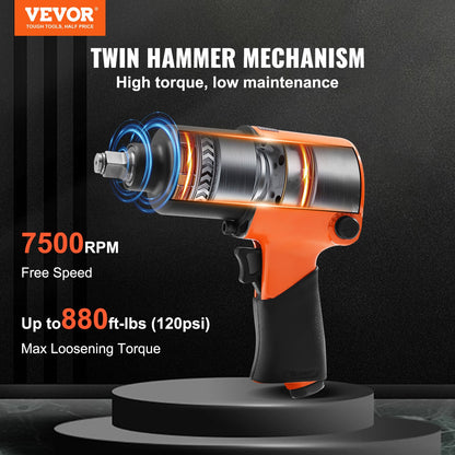 VEVOR Air Impact Wrench, 1/2" Drive Air Impact Gun Up to 880ft-lbs Nut-busting Torque,