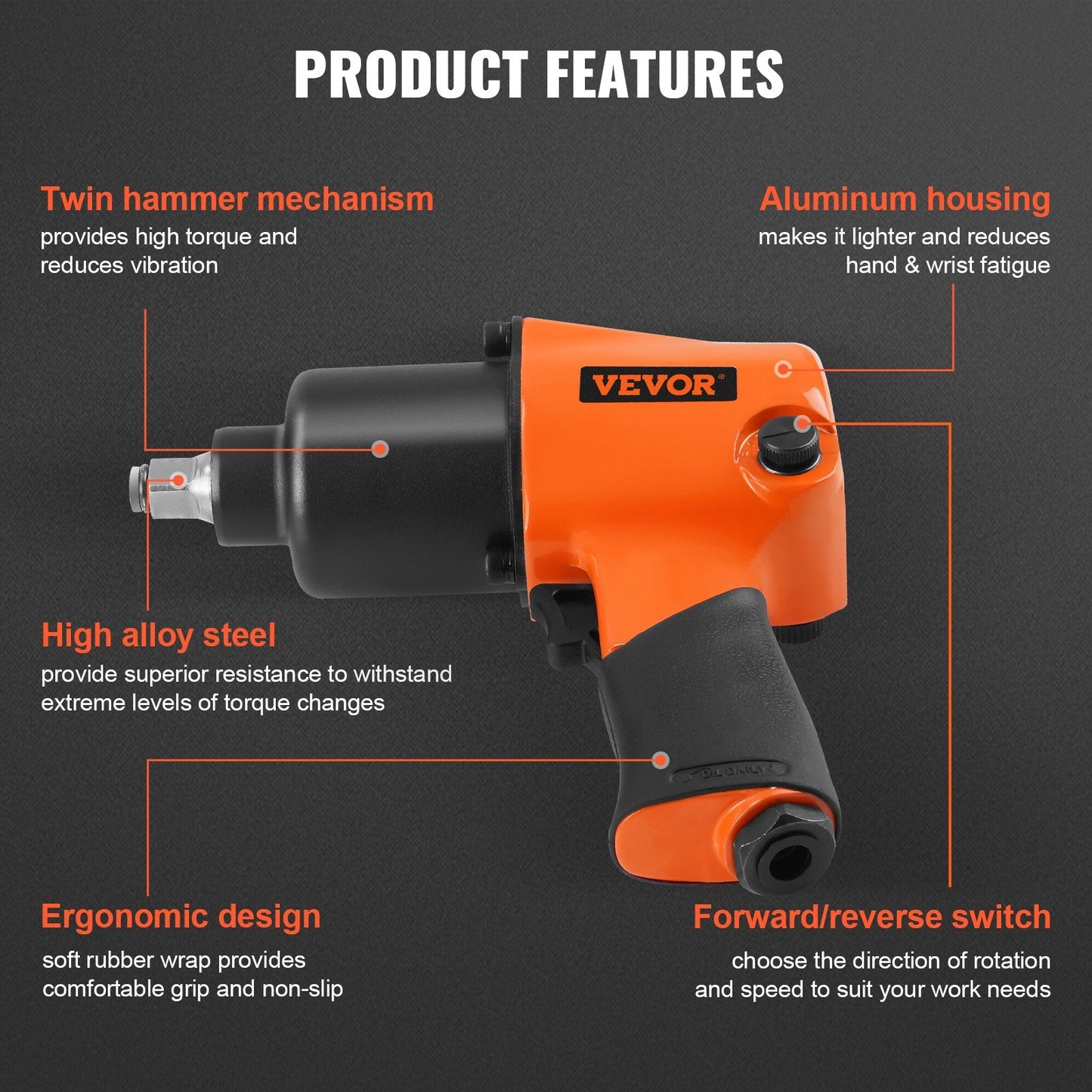 High-Torque 1.3m Drive Air Impact Wrench, 880 ft-lb for Auto Repairs