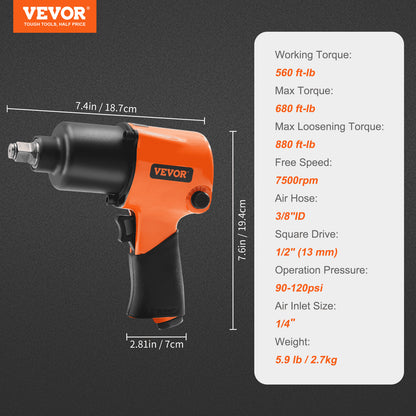 VEVOR Air Impact Wrench, 1/2" Drive Air Impact Gun Up to 880ft-lbs Nut-busting Torque,