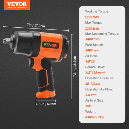VEVOR Air Impact Wrench 1/2" Square Drive 1400ft-lb Nut-busting Torque 90-120PSI