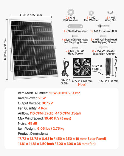 Solar Powered Fan, 25W Solar Panel with 4 Fans, Adjustable Solar Panel Angle, 2668 RPM High-Speed, Flexible Installation, Fast Air Exchange for Greenhouse, Grow Tents, Chicken Coops, Shelters