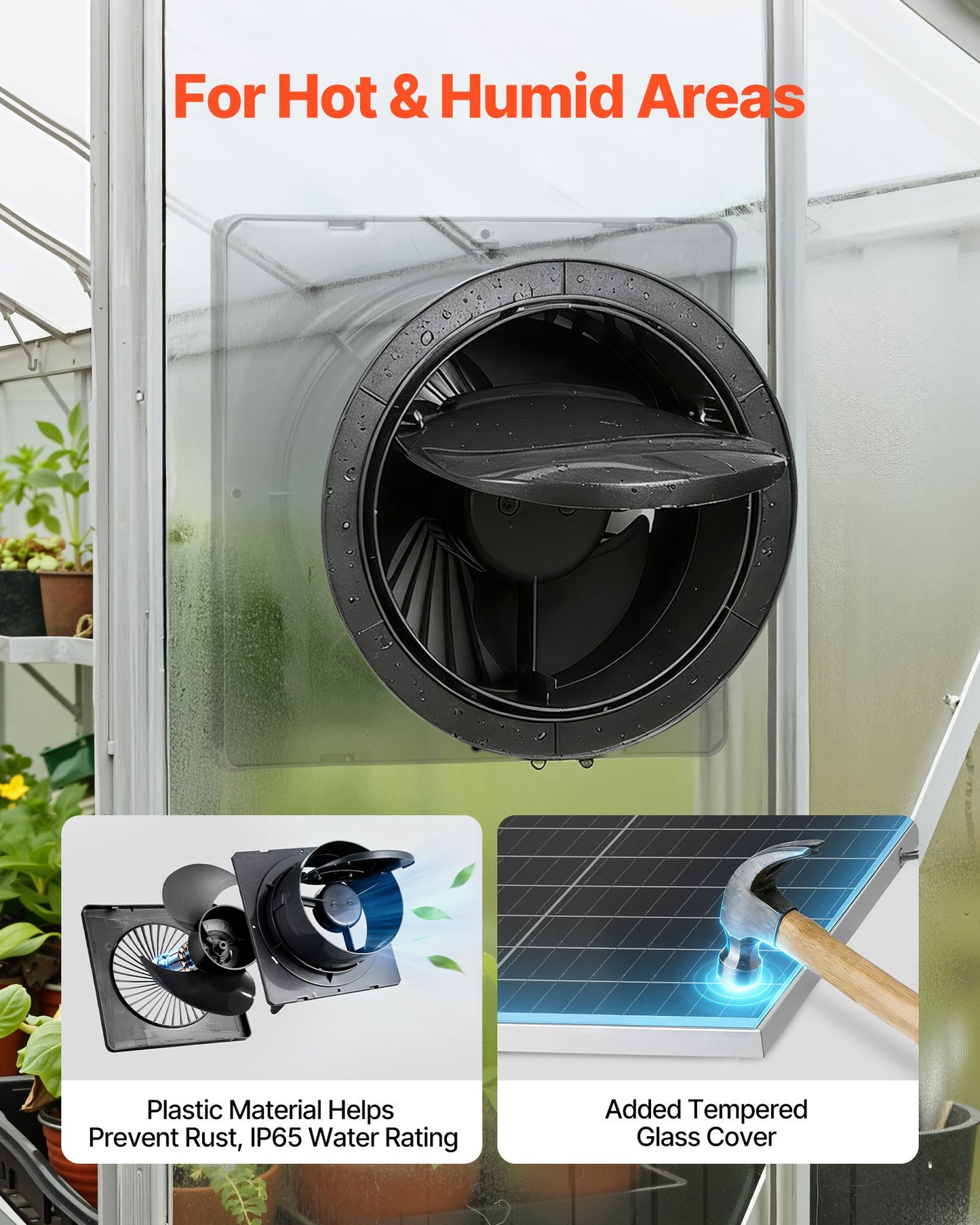 Solar Powered Fan, 25W Solar Panel with 220 CFM Airflow, Adjustable Panel Angle, 2030 RPM High-Speed, Flexible Install, Fast Air Exchange for Greenhouse, Grow Tents, Chicken Coops, Shelters