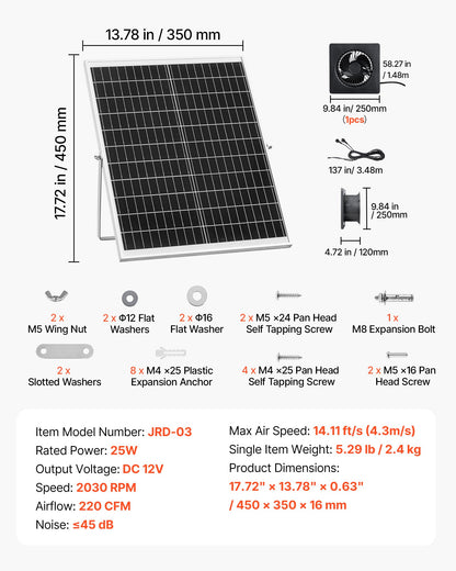 Solar Powered Fan, 25W Solar Panel with 220 CFM Airflow, Adjustable Panel Angle, 2030 RPM High-Speed, Flexible Install, Fast Air Exchange for Greenhouse, Grow Tents, Chicken Coops, Shelters
