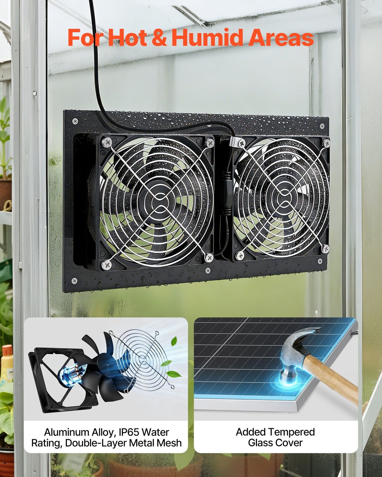 Solar Powered Fan, 15W Solar Panel with 2 Fans, Adjustable Solar Panel Angle, 2668 RPM High-Speed, Flexible Installation, Fast Air Exchange for Greenhouse, Grow Tents, Chicken Coops, Shelters