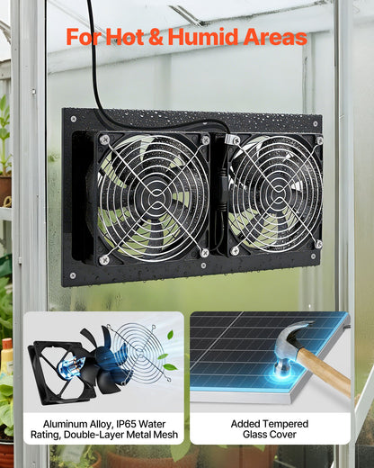 Solar Powered Fan, 15W Solar Panel with 2 Fans, Adjustable Solar Panel Angle, 2668 RPM High-Speed, Flexible Installation, Fast Air Exchange for Greenhouse, Grow Tents, Chicken Coops, Shelters