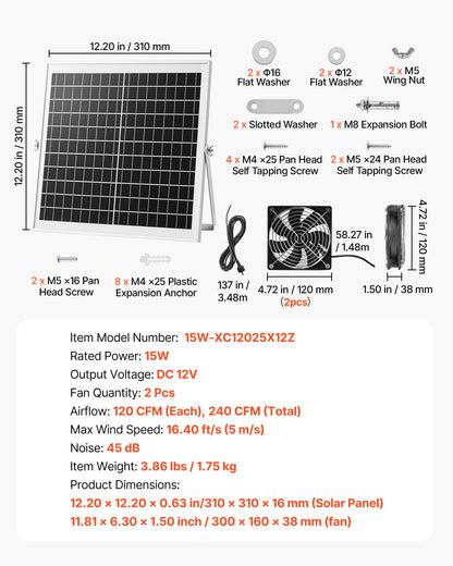 Solar Powered Fan, 15W Solar Panel with 2 Fans, Adjustable Solar Panel Angle, 2668 RPM High-Speed, Flexible Installation, Fast Air Exchange for Greenhouse, Grow Tents, Chicken Coops, Shelters