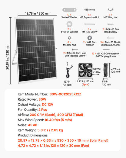 Solar Powered Fan, 30W Solar Panel with 2 Fans, Adjustable Solar Panel Angle, 2668 RPM High-Speed, Flexible Installation, Fast Air Exchange for Greenhouse, Grow Tents, Chicken Coops, Shelters