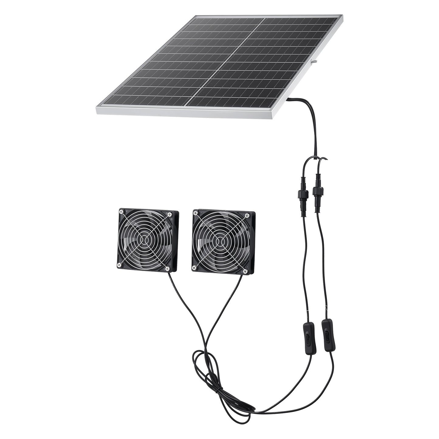 Solar Powered Fan, 30W Solar Panel with 2 Fans, Adjustable Solar Panel Angle, 2668 RPM High-Speed, Flexible Installation, Fast Air Exchange for Greenhouse, Grow Tents, Chicken Coops, Shelters