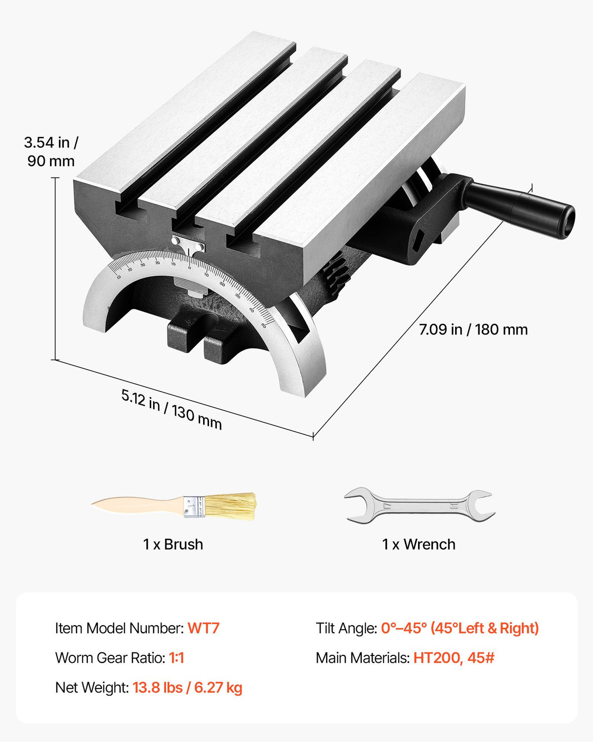 Rotary Table 178 x 127 mm Tilting Milling Table Heavy Duty Cast Iron, Robust & Durable, with 0-45 Degree Left & Right Adjustable, Worm Gear, Precision Scale, for Milling Machine, Drill Press